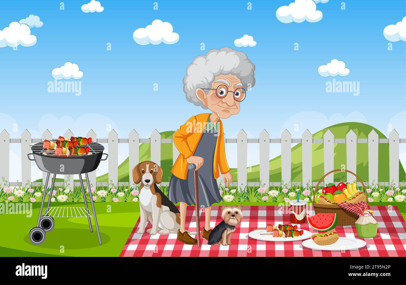 A joyful grandmother enjoys a picnic with her dogs in a park Stock Vector