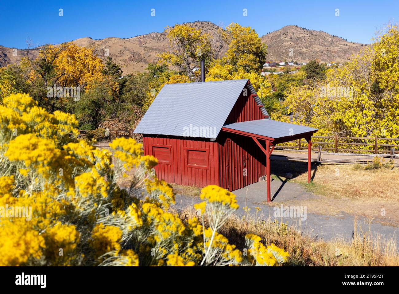 Red barn in autumn - Golden History Park, Golden, Colorado, USA Stock Photo