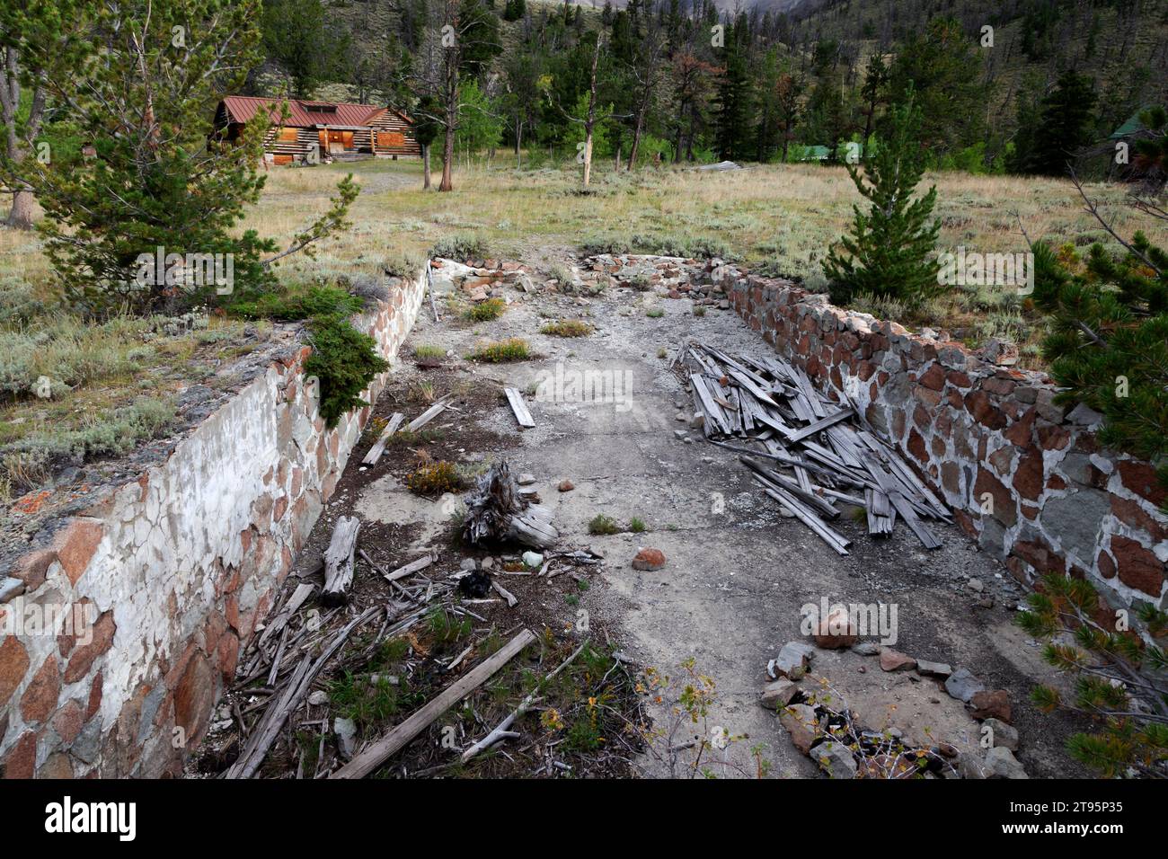 Swimming pool at the Double D Ranch near the mining ghost town of Kirwin. Double D Ranch is in the Shoshone National Forest in the Absaroka Mountains Stock Photo