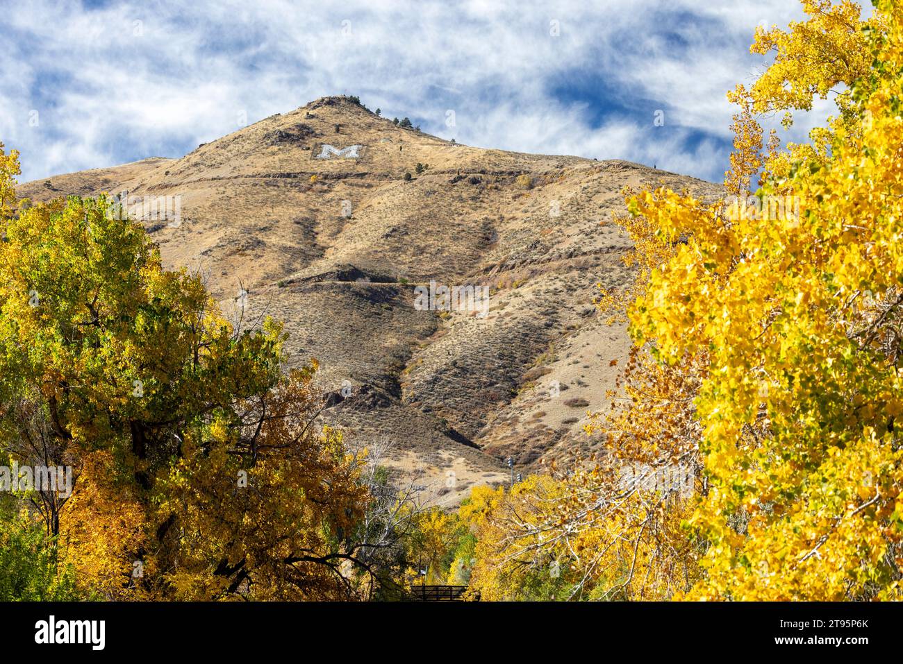 Letter M on Lookout Mountain (for the Colorado School of Mines) - Clear Creek in autumn - Golden, Colorado, USA Stock Photo