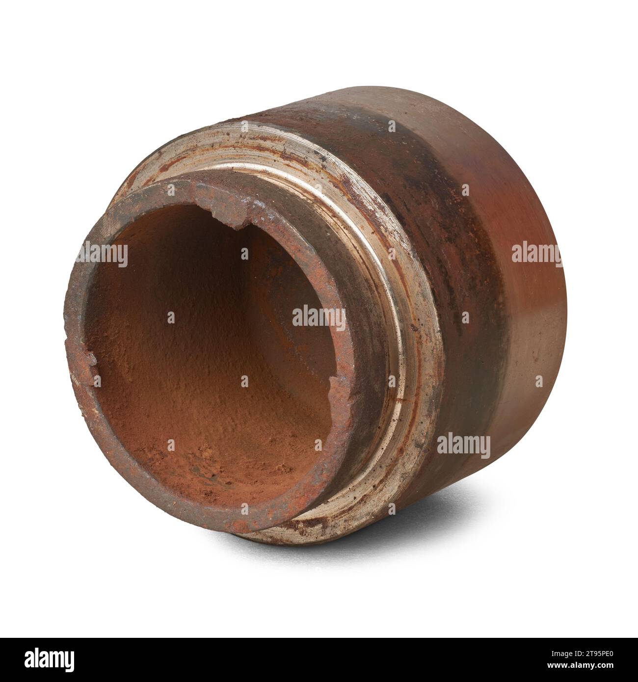 close-up of old disc brake caliper piston, rusty and worn out components in the car hydraulic braking system, regular inspection and maintenance Stock Photo