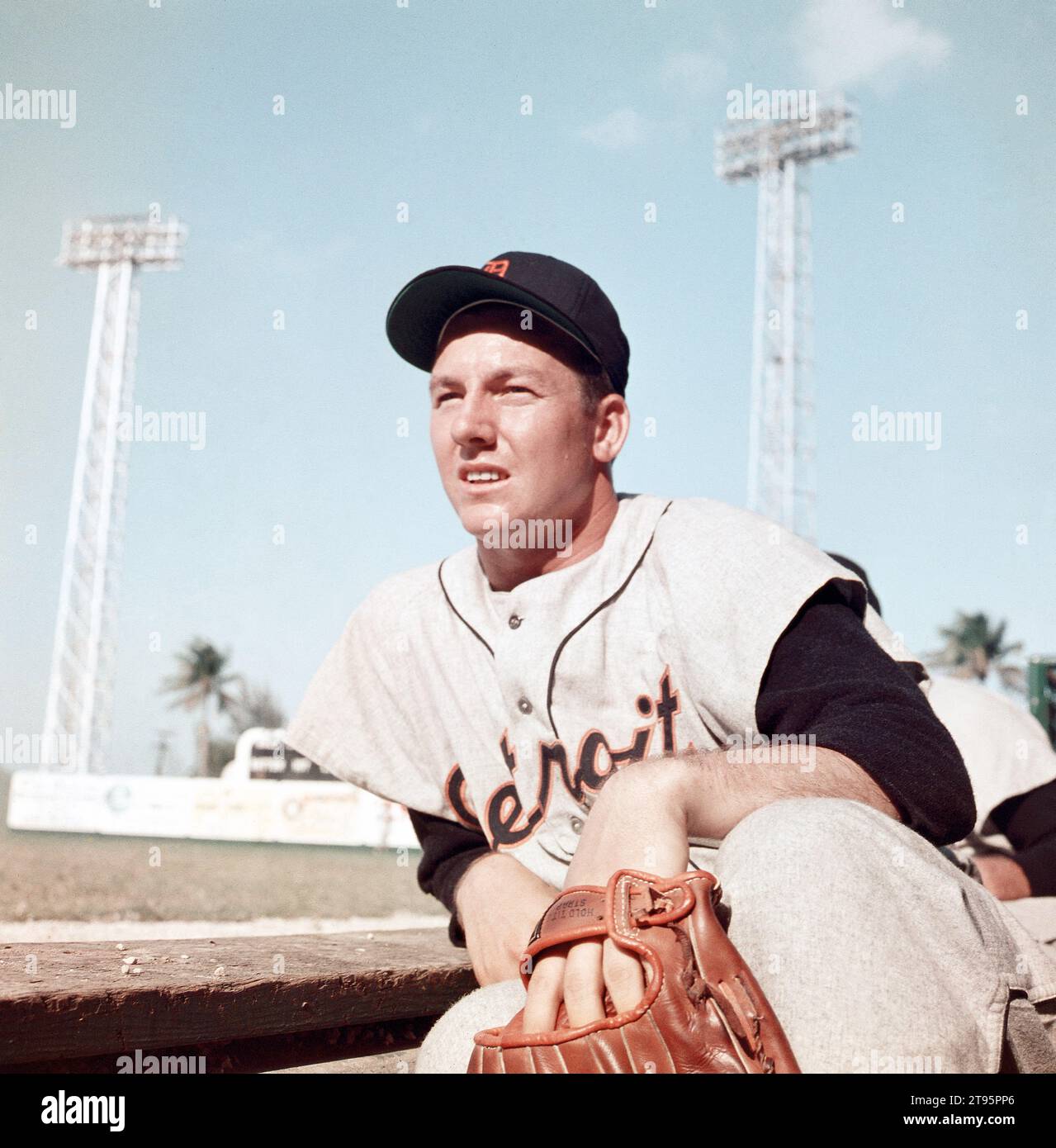 FL - MARCH, 1957: Al Kaline #6 of the Detroit Tigers sits on the dugout