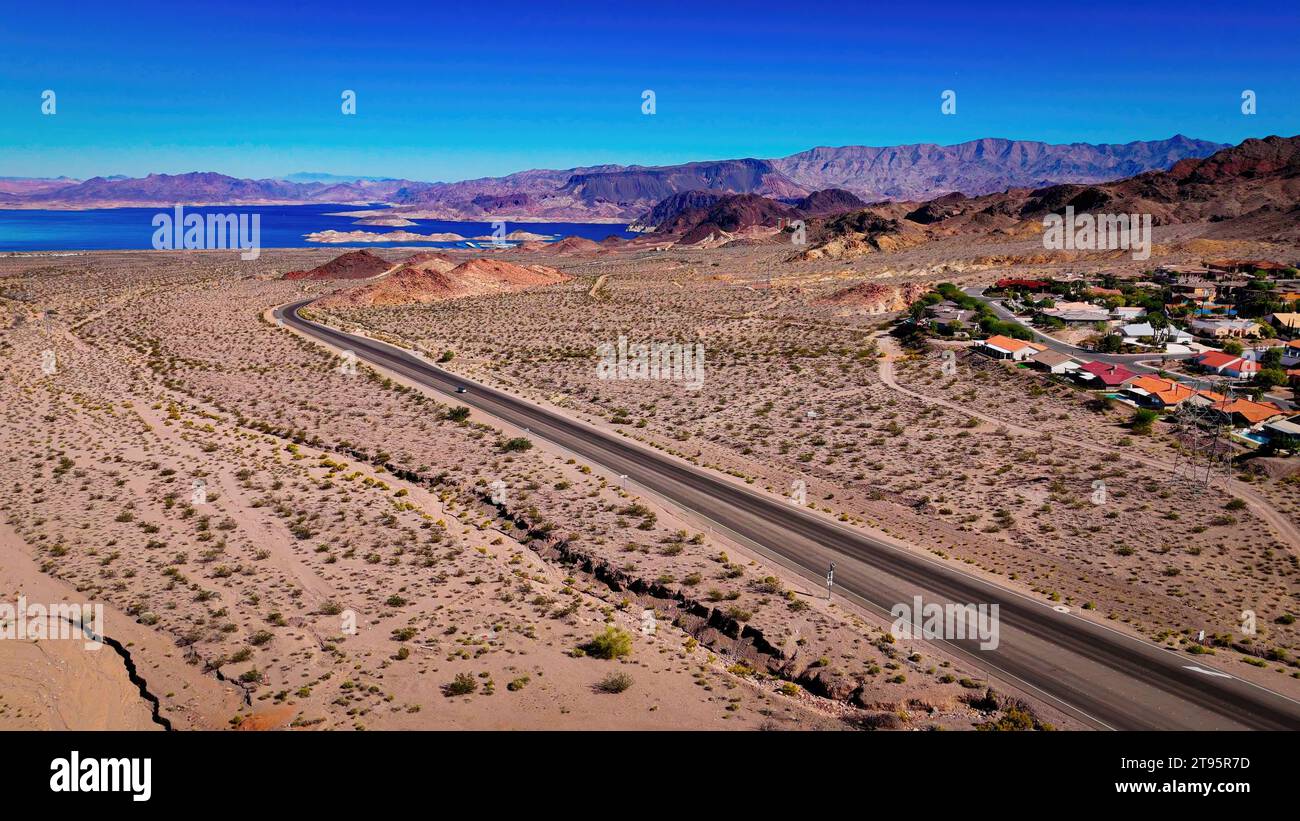 Lonesome road through the desert from above aerial view Stock Photo - Alamy