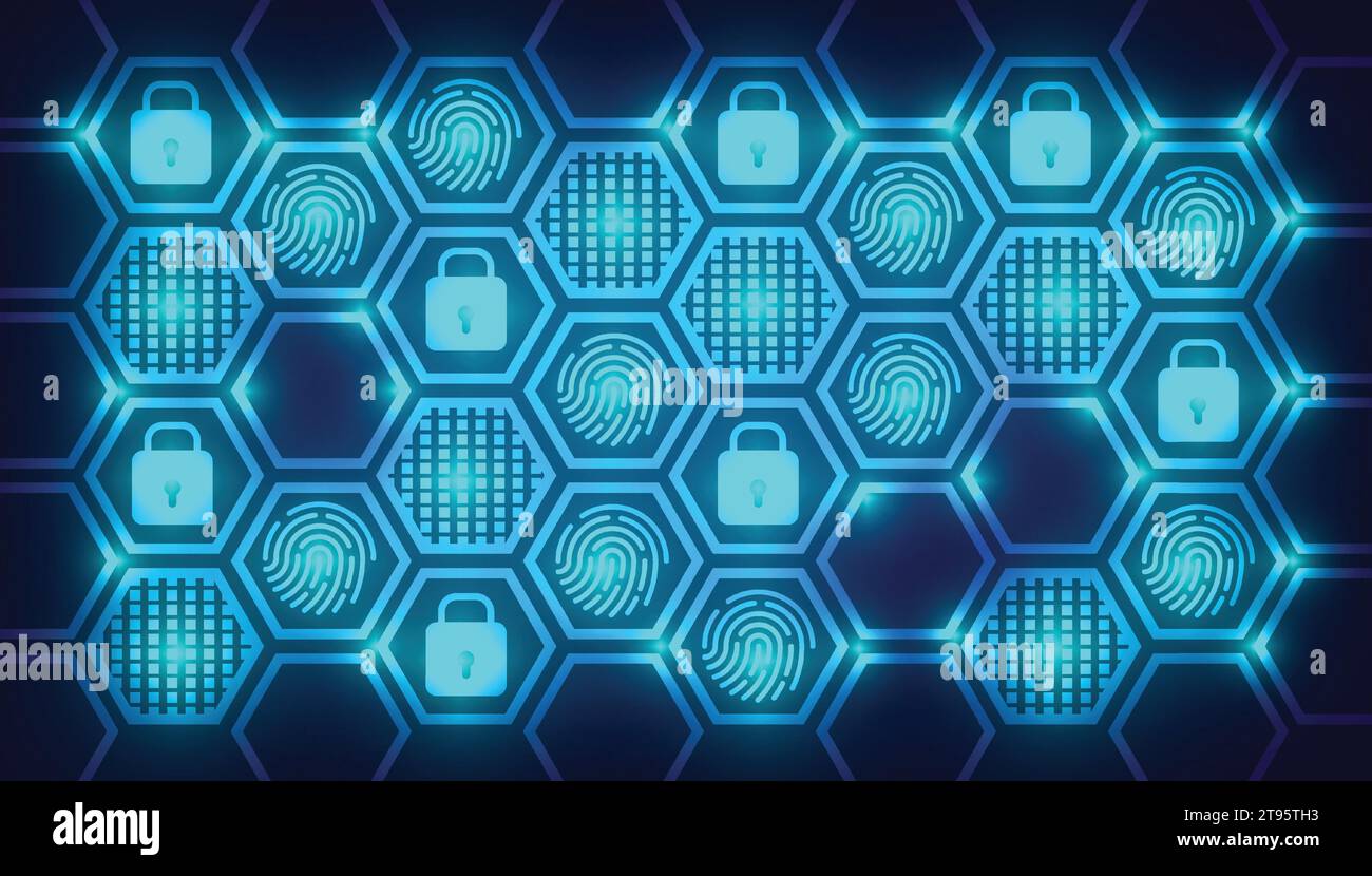 Cyber security and information technology concept. fingerprint security concept . Abstract background with hexagons and padlocks Stock Vector