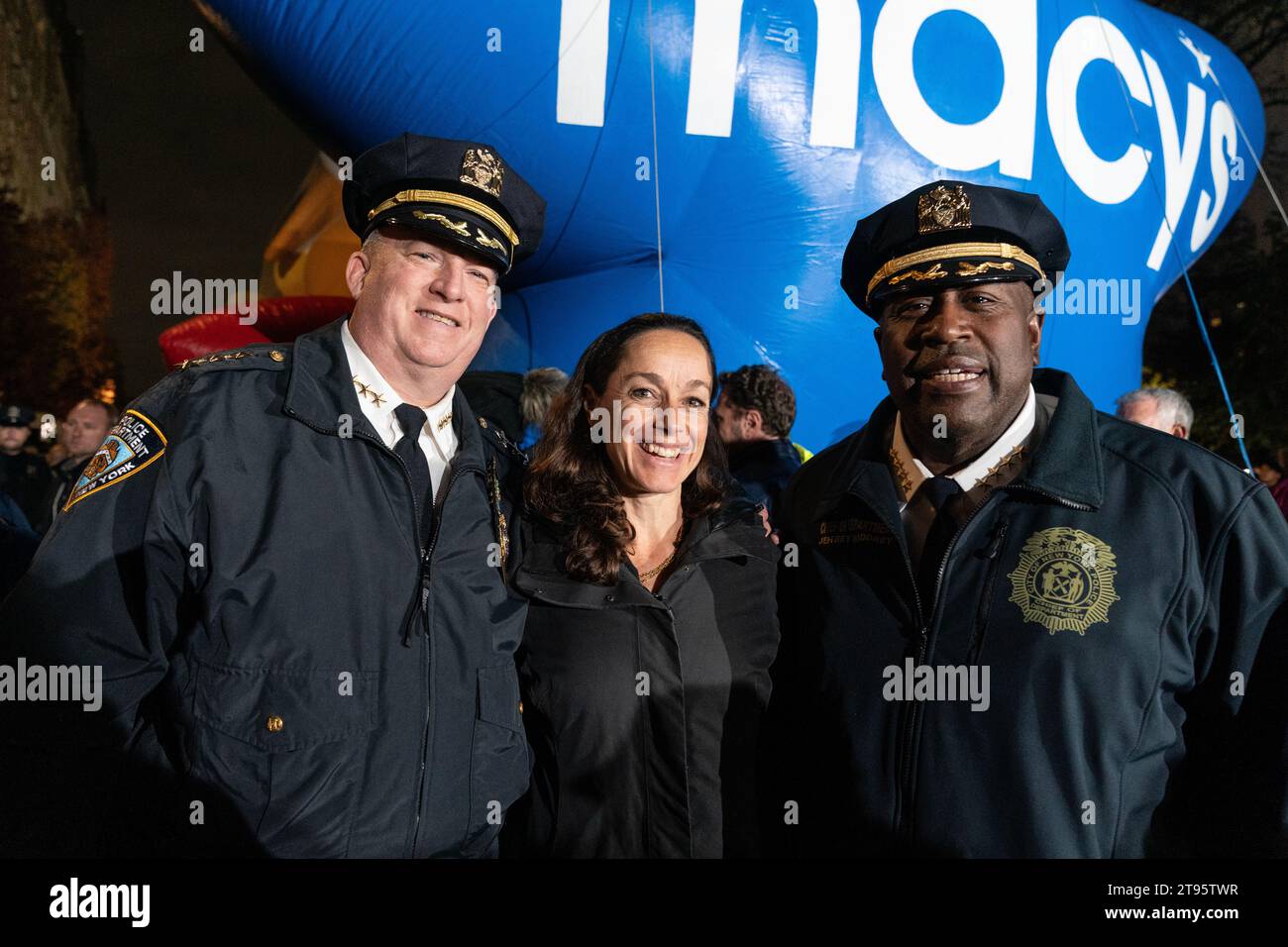 John Chell, Rebecca Weiner, Jeffrey Maddrey attend Thanksgiving Day Parade safety-related announcement at corner of 81st street and Columbus Avenue in New York on November 22, 2023 Stock Photo