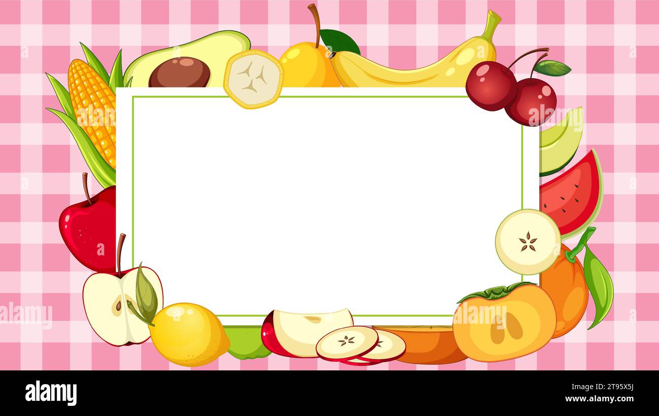 Fruit Background Frame Colorful fruits arranged in a frame on a vibrant pink plaid background ...