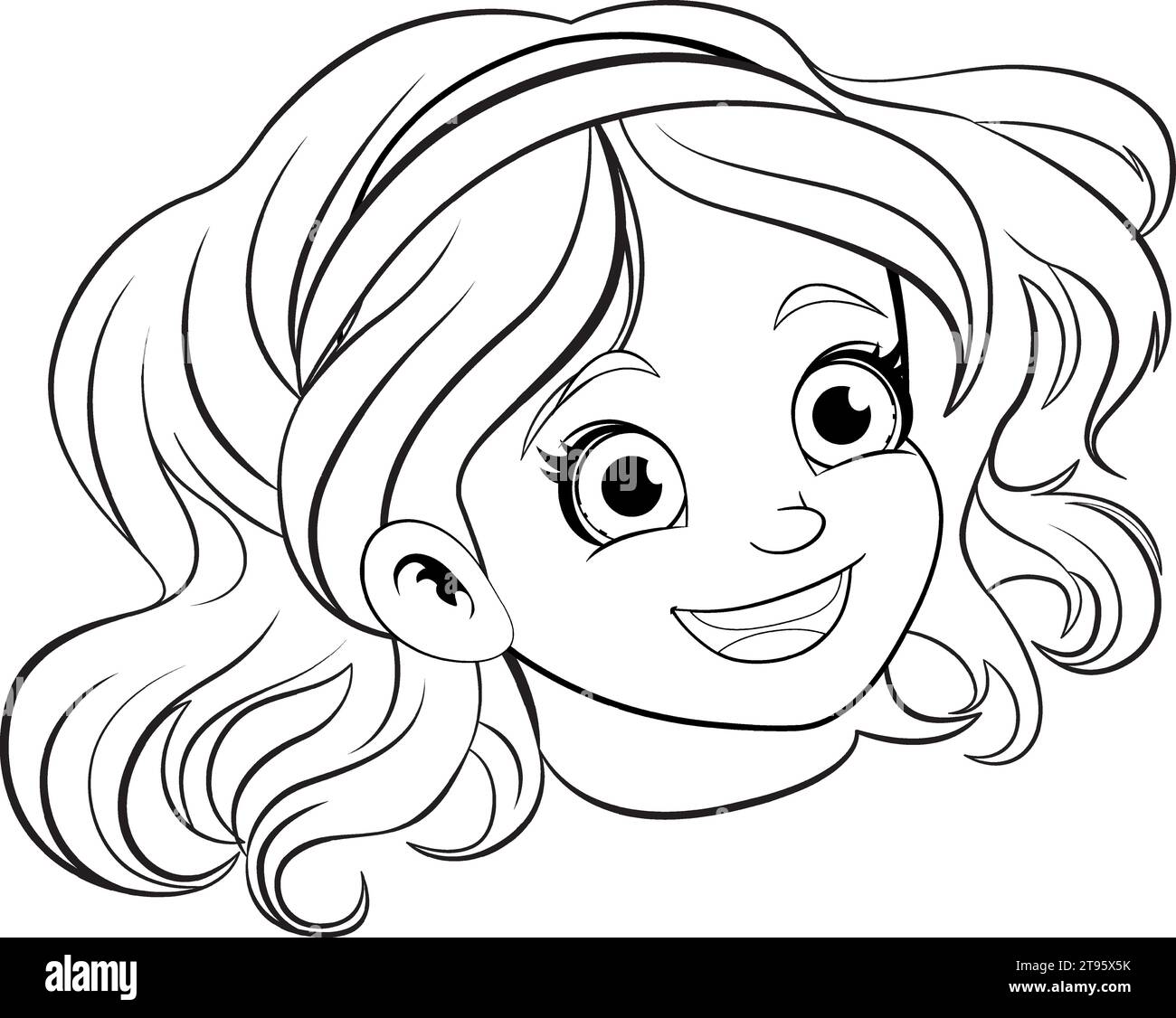 A cheerful cartoon girl with a charming outline smiles brightly Stock Vector