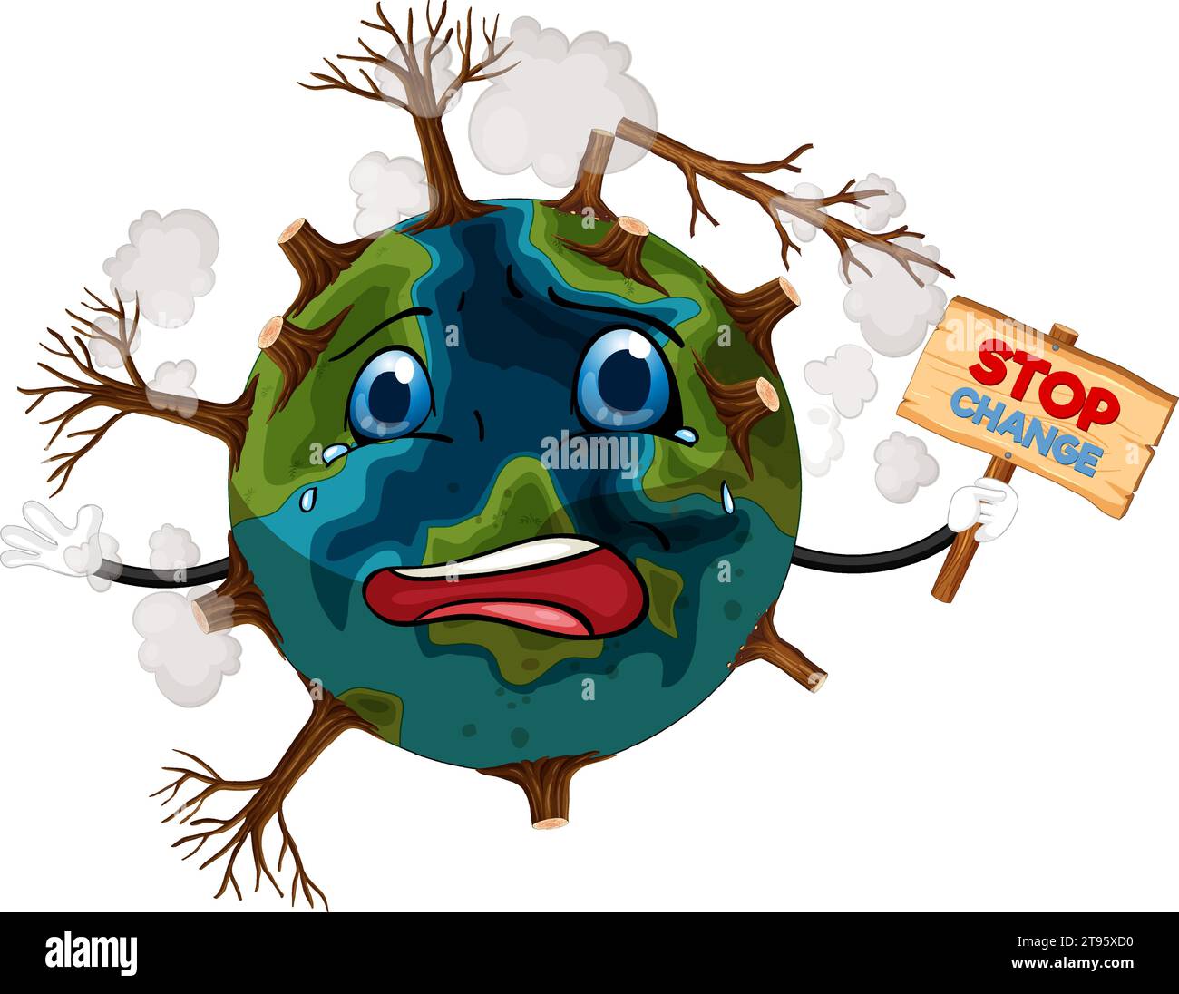 Illustration of a tearful Earth holding a banner to raise awareness about stopping climate change Stock Vector