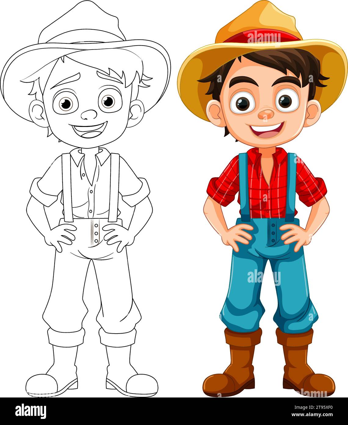 A cheerful cartoon boy wearing farmer overalls and a smiley face Stock ...