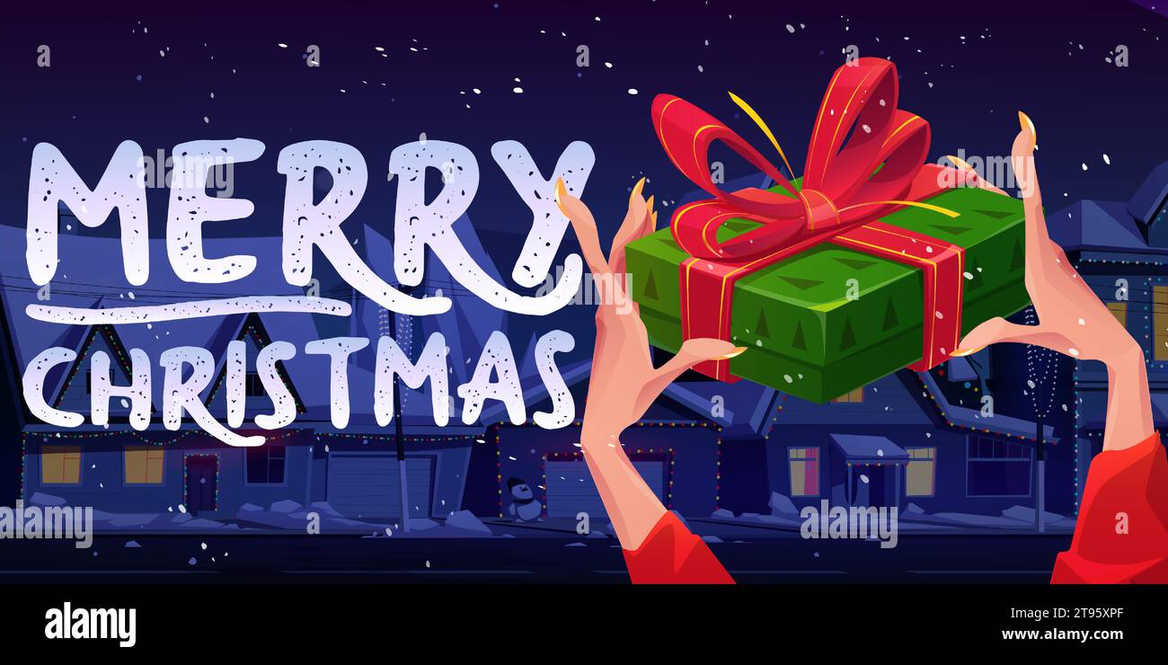 Female hands holding Christmas gift box on night town background. Vector cartoon illustration of merry Xmas present, surprise package wrapped in green paper with red ribbon bow, winter holidays banner Stock Vector