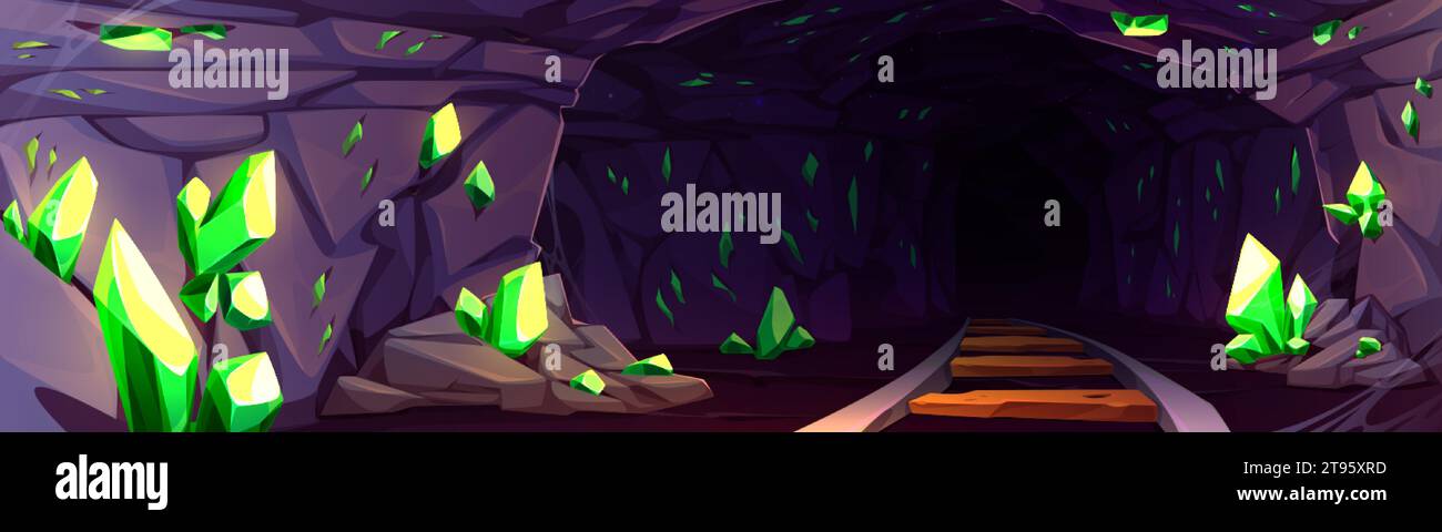 Mine cave with green precious materials in walls and railroad. Cartoon game vector of dark tunnel with rocky sides and minerals for miners to extract. Geology concept with gemstone in cavern. Stock Vector