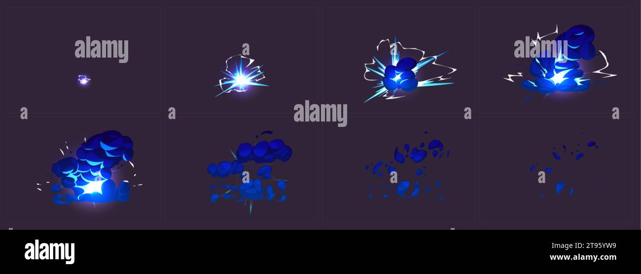 Blue explosion animation sprite sheet isolated on black background. Vector cartoon illustration of light spot, blast boom effect, cloud of smoke spreading and disappearing in air, magic power strike Stock Vector