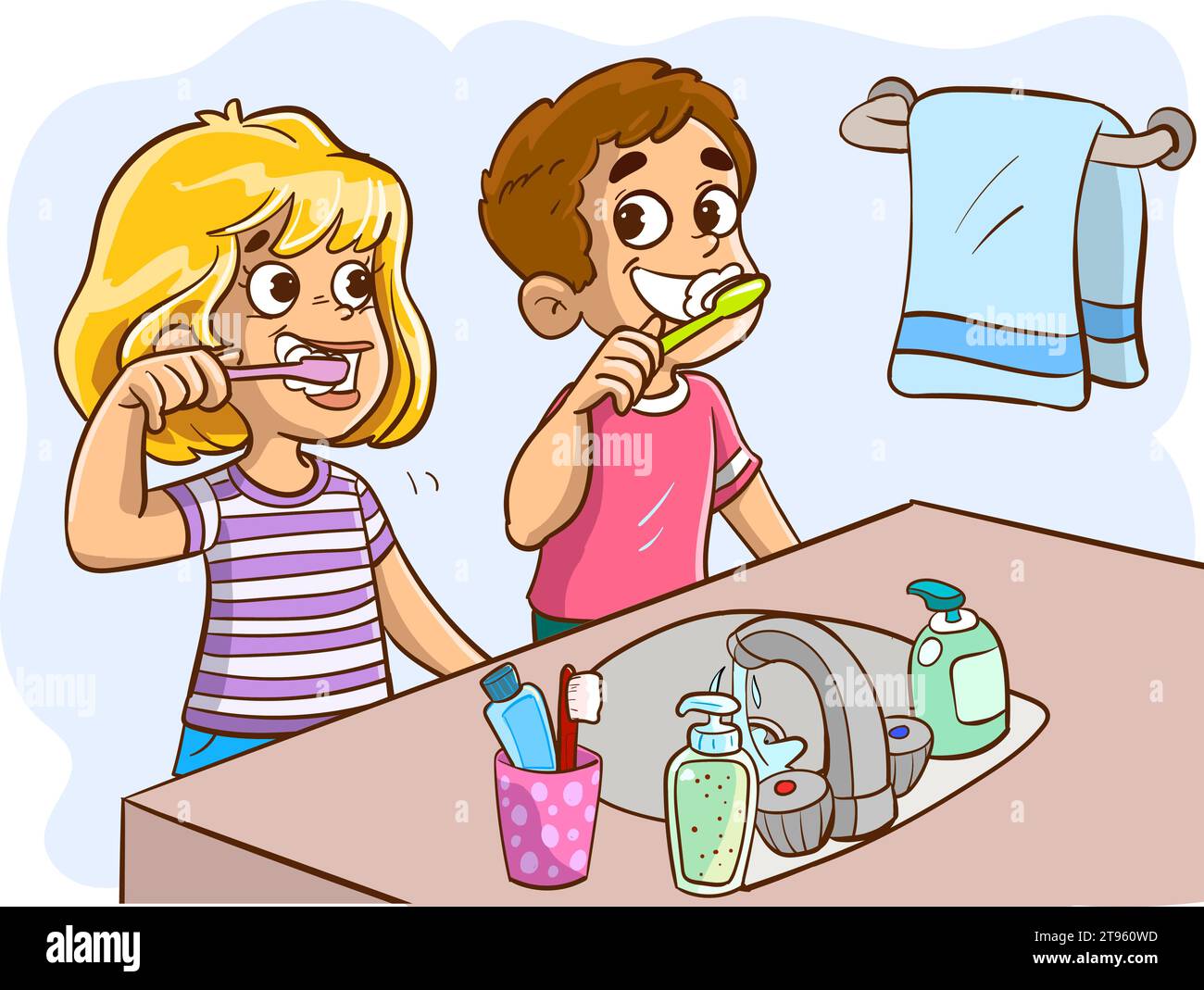 Vector illustration of cute little children brushing his teeth Stock ...