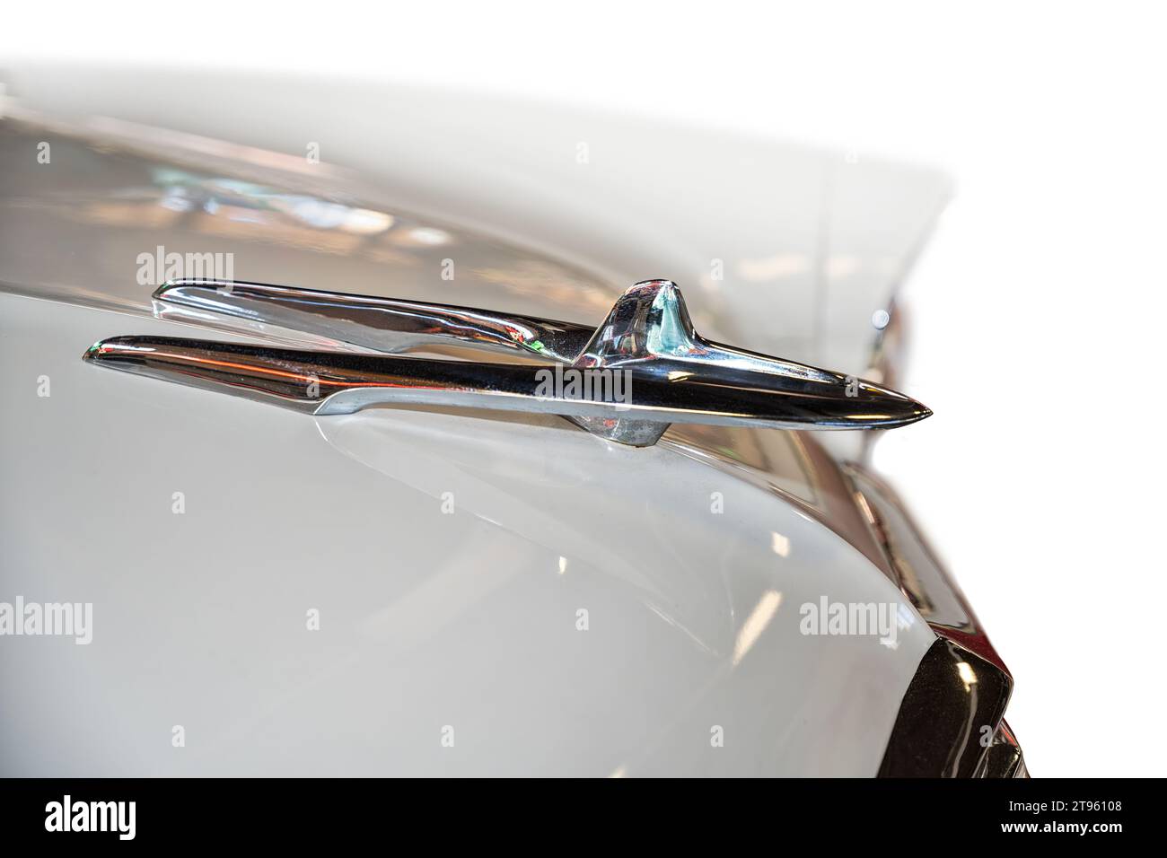 Escondido, CA 10302023 Hood ornament on Ford Fairlane 500 car, Series 51A, with the first