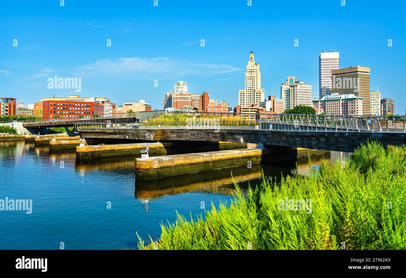 Footbridge with skyline of Downtown Providence on the Providence river in Rhode Island, United