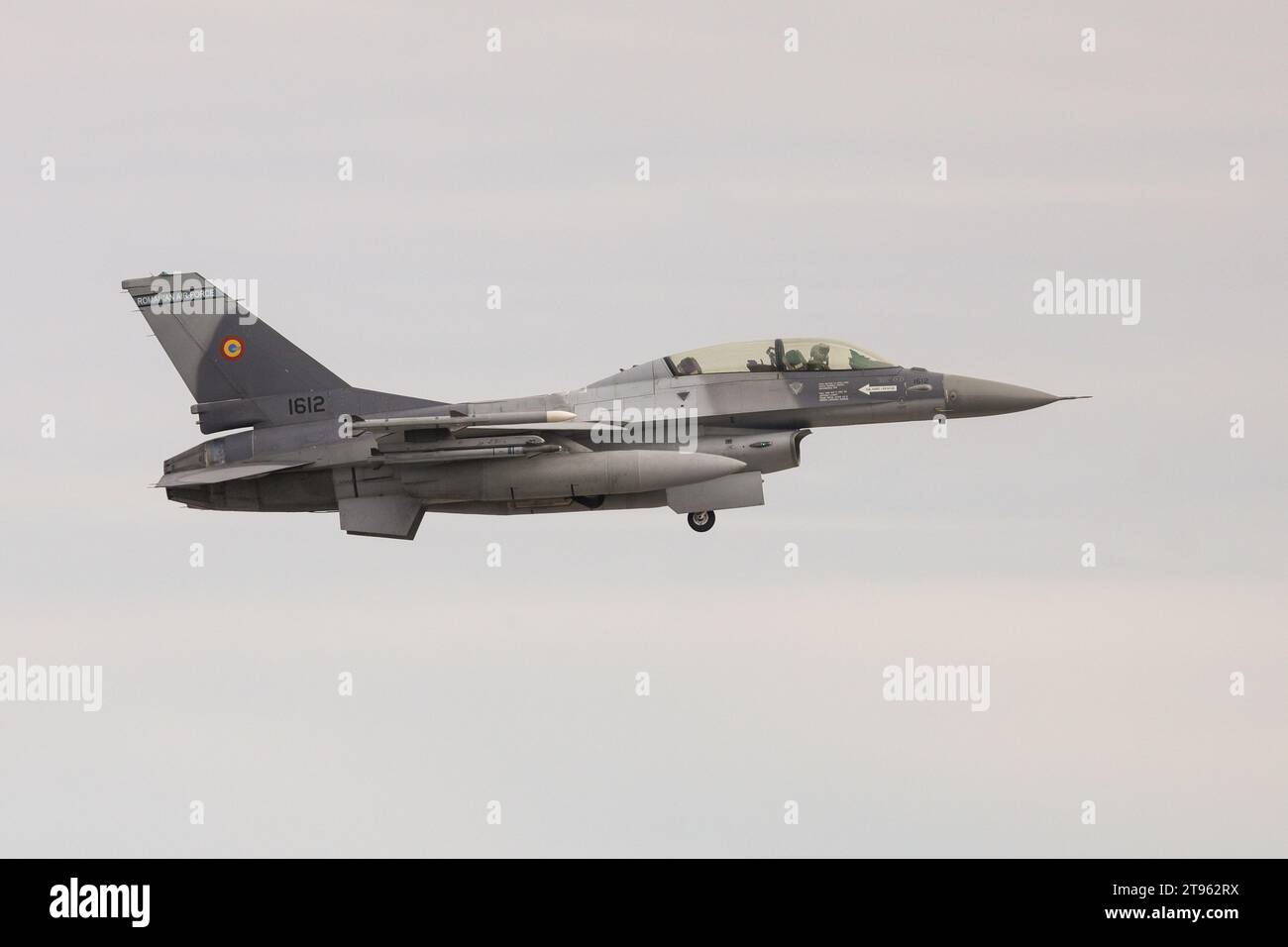 Borcea, Romania - November 13, 2023: A Romanian military jet pilot flies his F16 Falcon during a demonstration following the opening ceremony for the Stock Photo