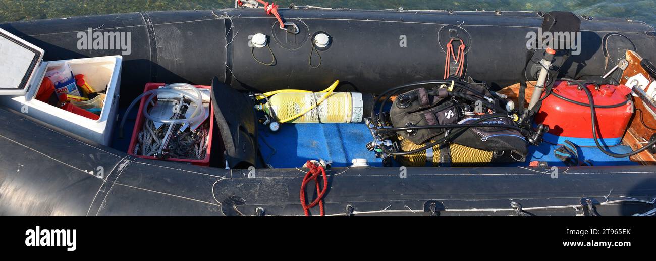 Diving equipment in an inflatable boat Stock Photo - Alamy