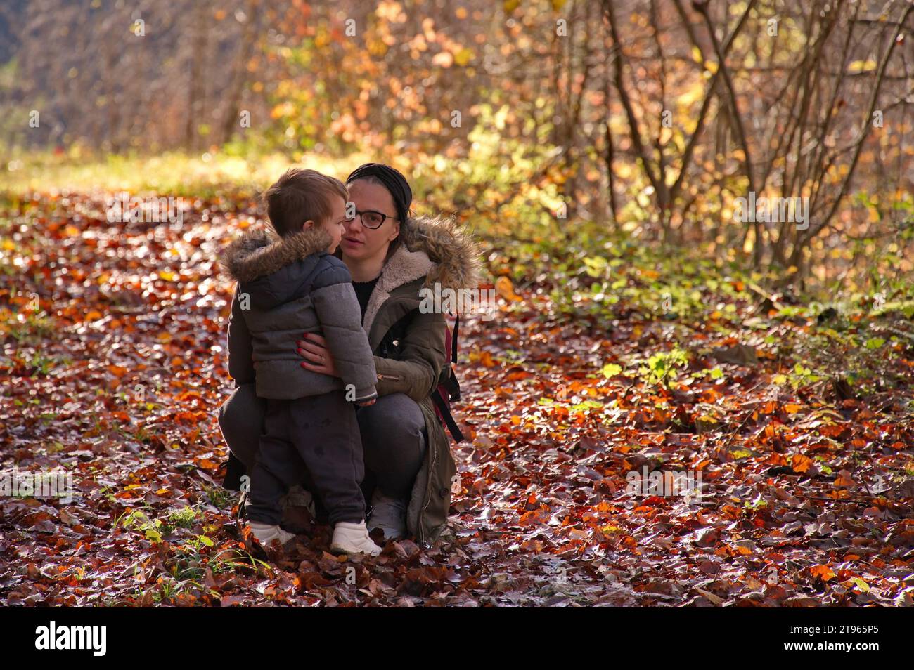 Mother with little toddler hiking in the forest Stock Photo
