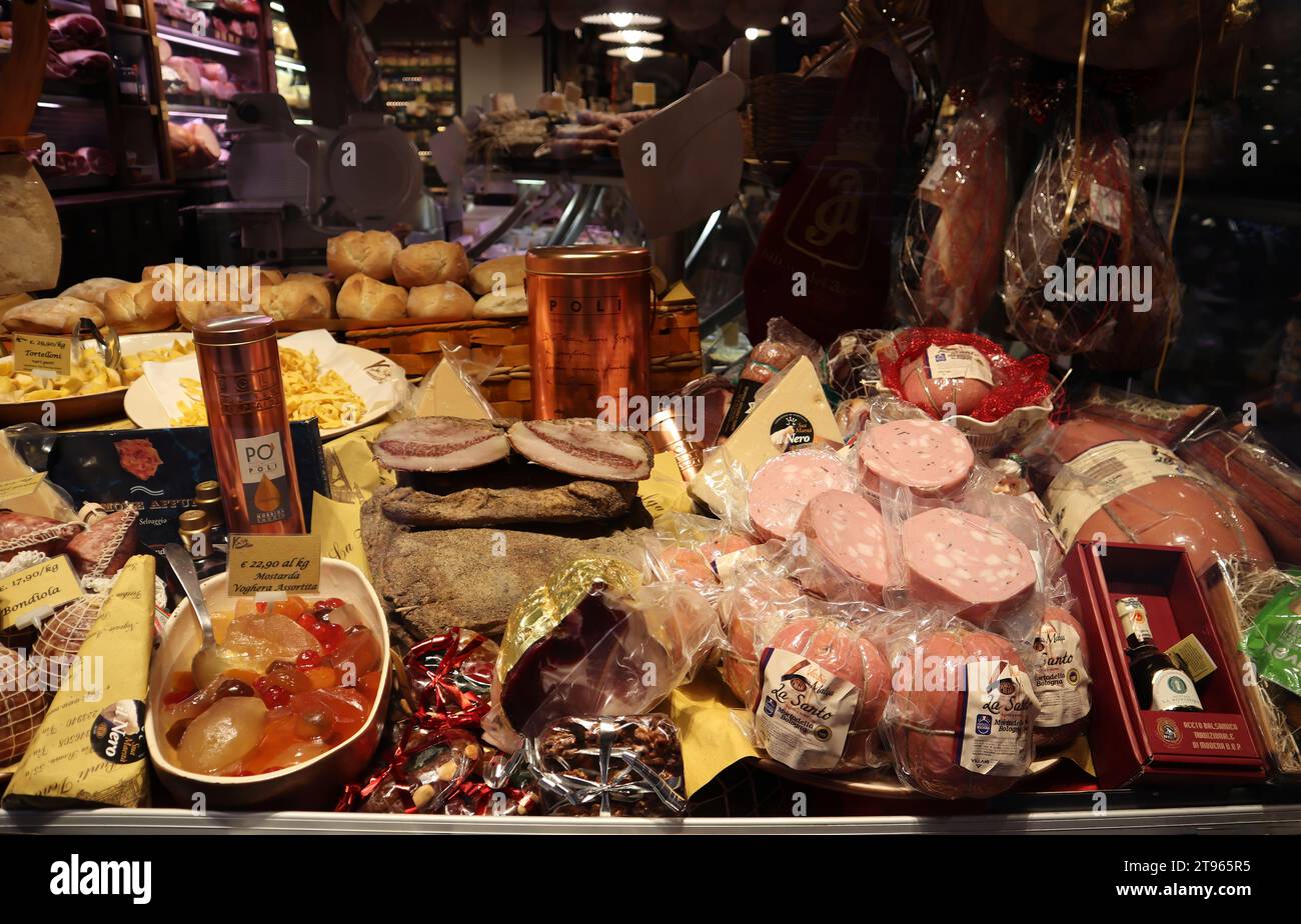 Showcase with different Italian Christmas gourmet food. Traditional