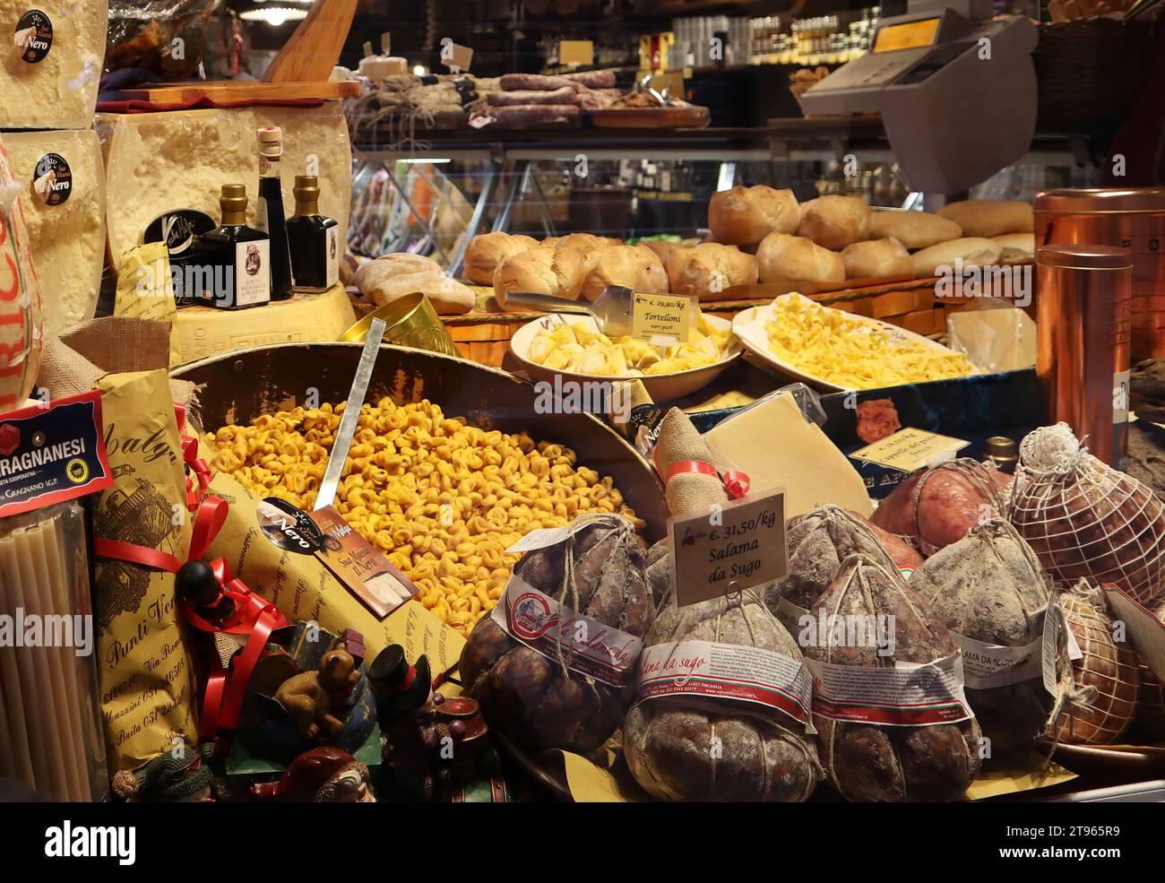 Showcase with different Italian Christmas gourmet food. Bologna, Italy