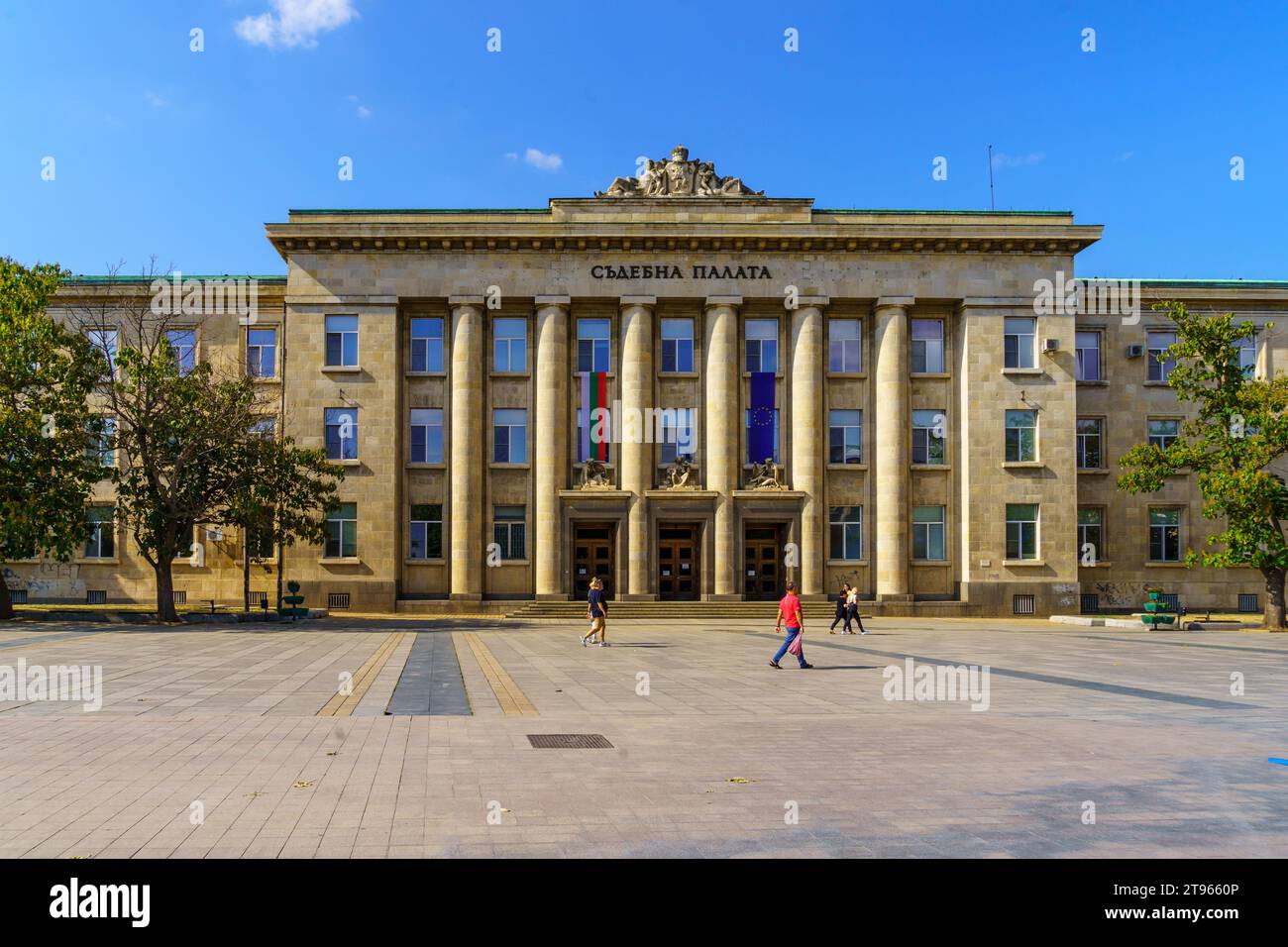 Ruse, Bulgaria - September 17, 2023: View of the Courthouse building, with locals and visitors, in Ruse, northeastern Bulgaria Stock Photo