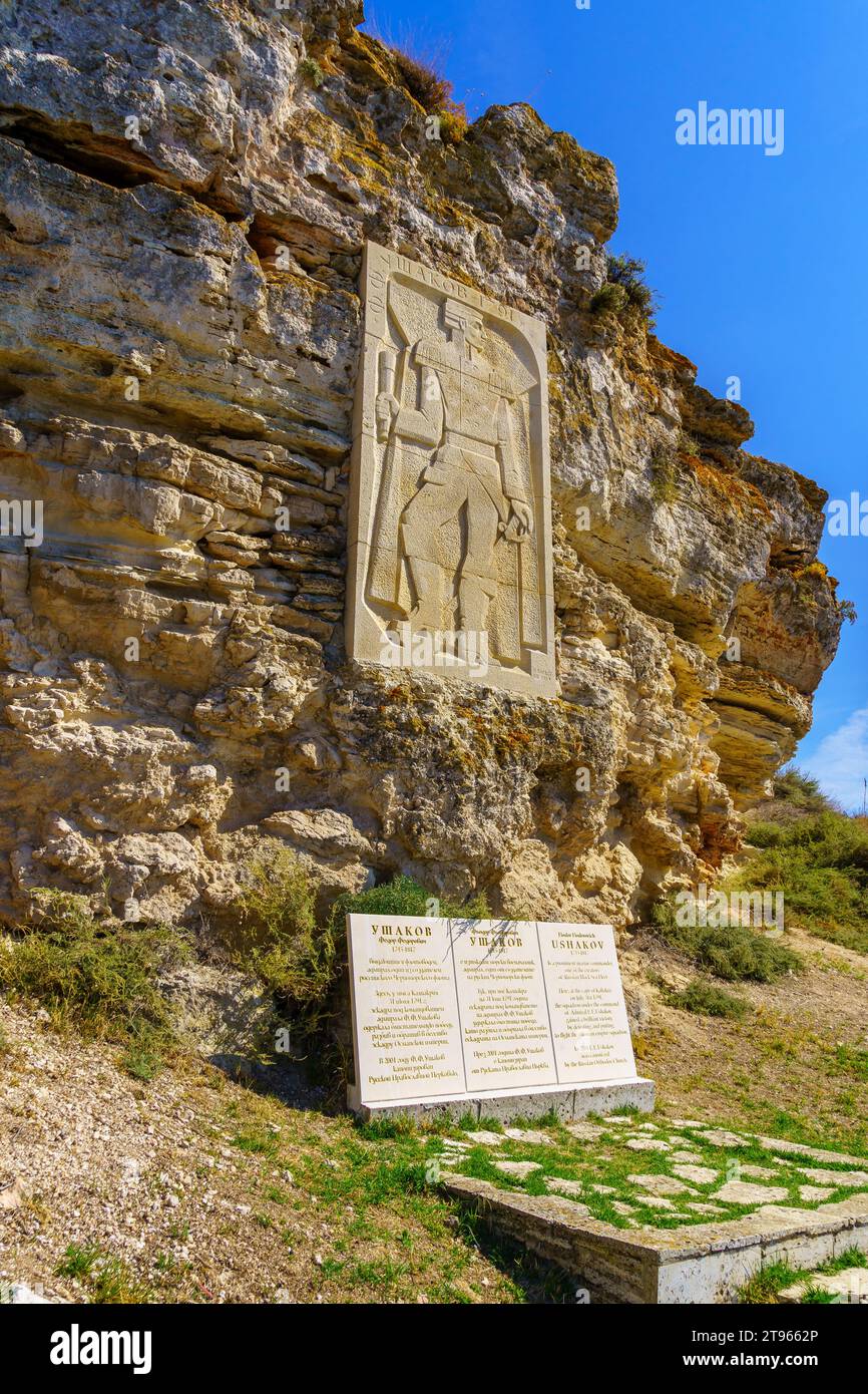 Kaliakra, Bulgaria - September 21, 2023: View of the Ushakov monument, Cape Kaliakra, northeastern Bulgaria Stock Photo