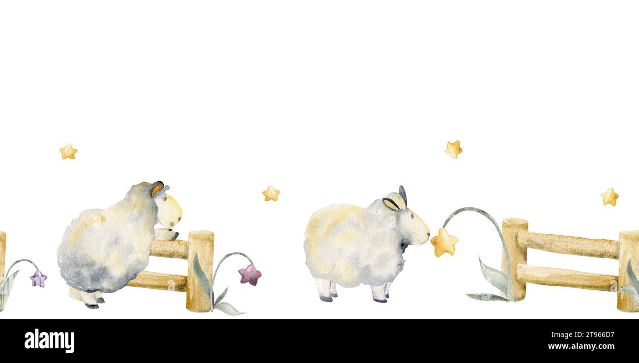 Watercolor hand drawn illustration, cute plush baby sheep jumping over ...