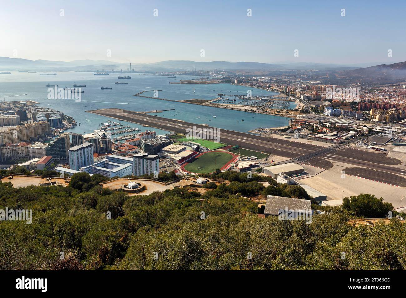 View from the Rock of Gibraltar of residential area, airport and runway, Royal Air Force Station, Winston Churchill Avenue, Gibraltar, Bay of Stock Photo