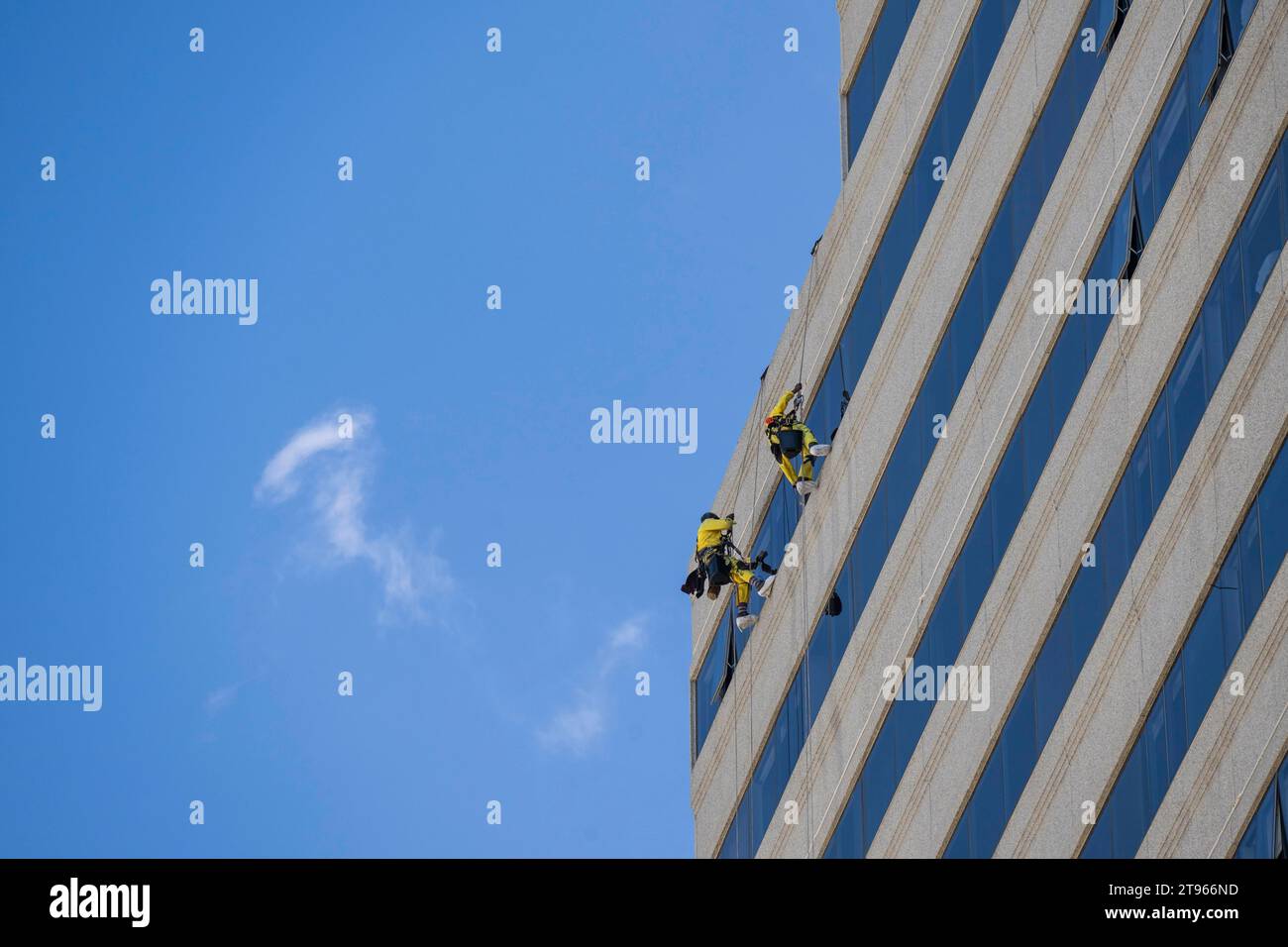 Window cleaner on a highrise facade, Cape Town, Western Cape Province