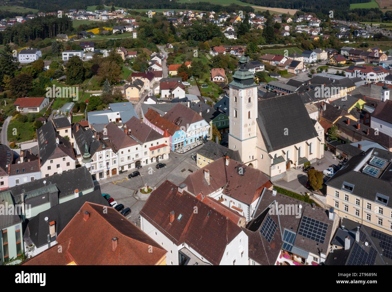 Drone image, Grein an der Donau, Strudengau, Muehlviertel, Upper Austria, Austria Stock Photo