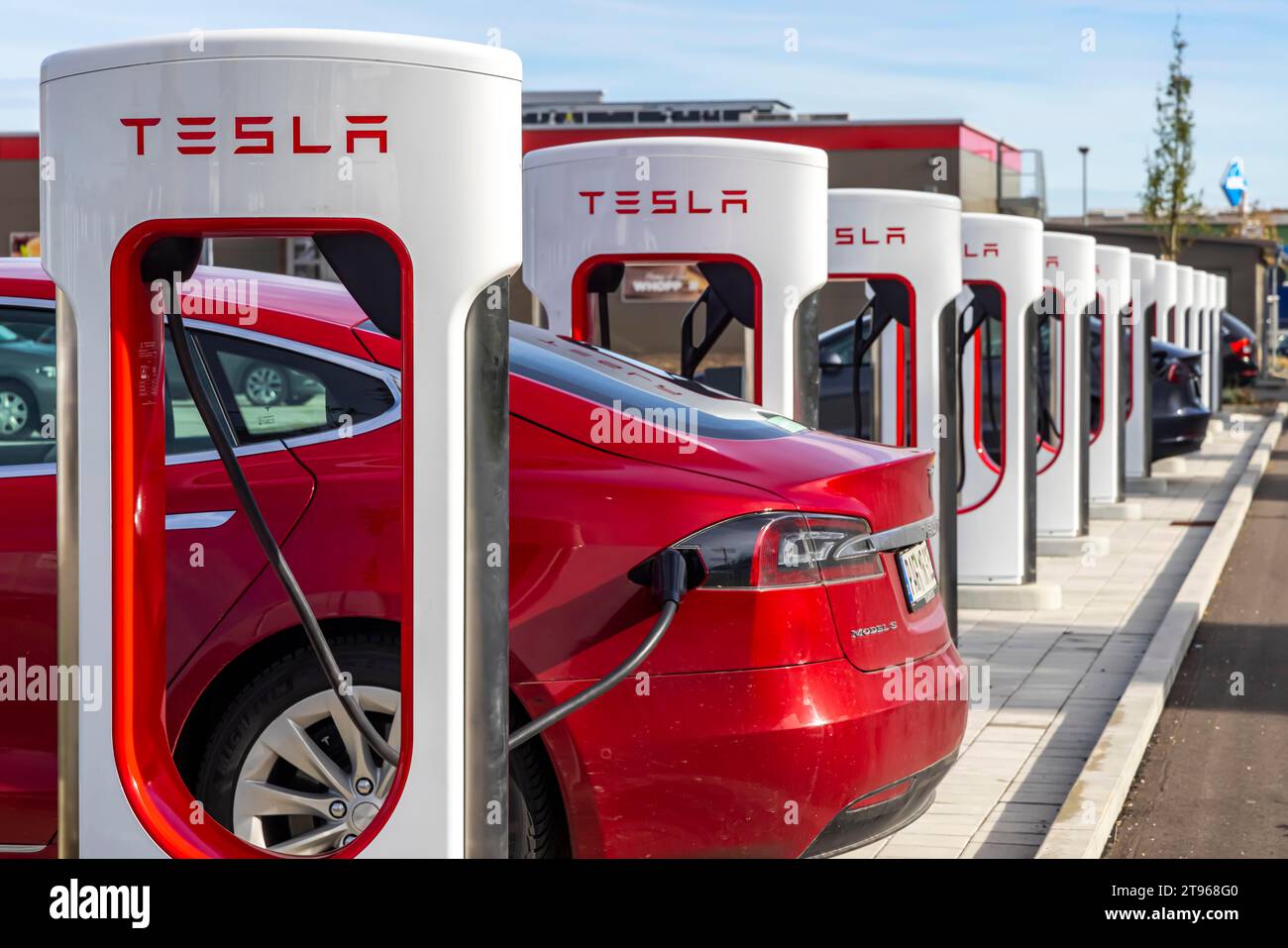 Tesla charging station on the A8 motorway near Merklingen, AlbDonau