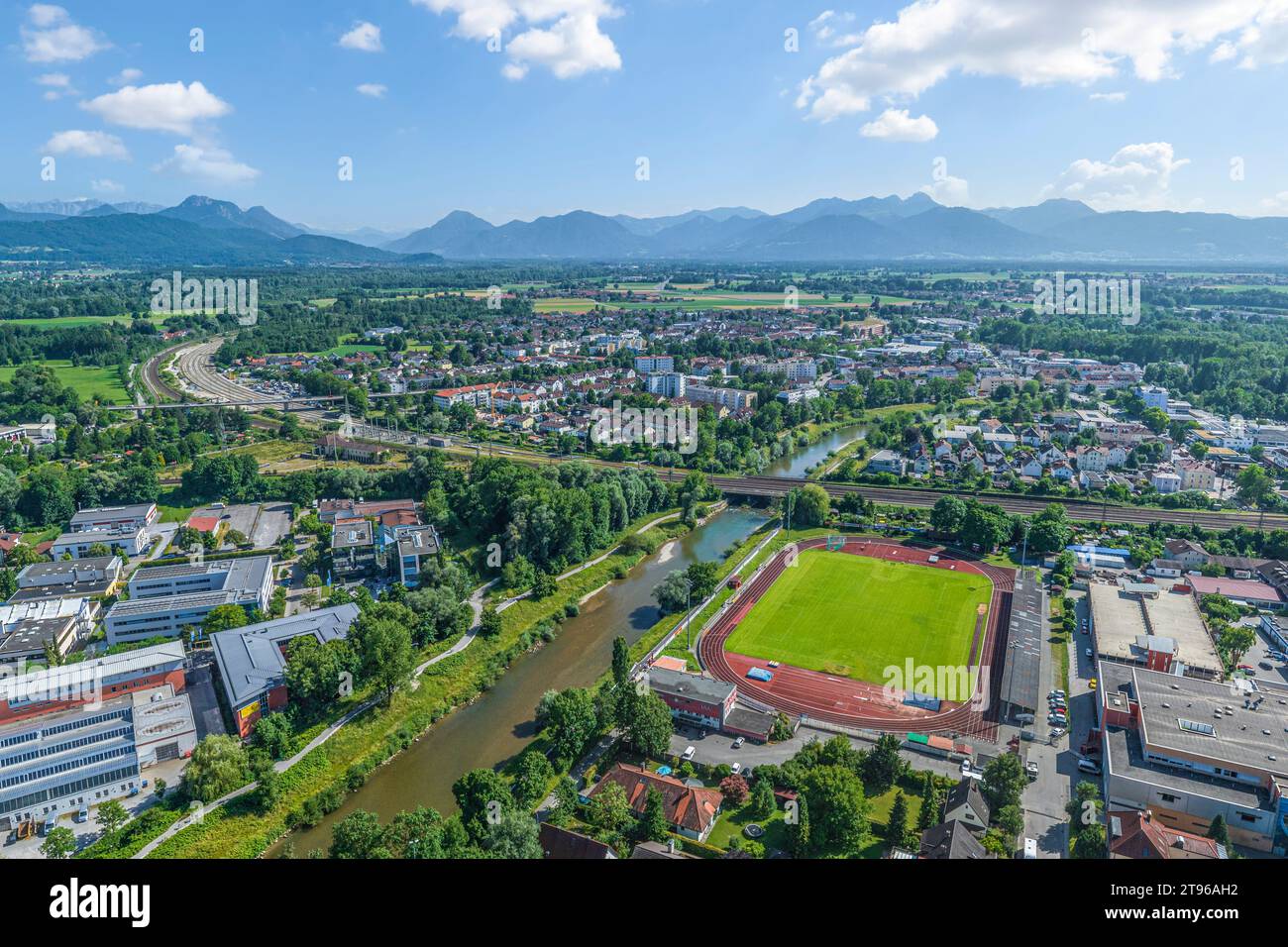 Aerial view to the city of Rosenheim in Upper Bavaria around the ice stadium Stock Photo