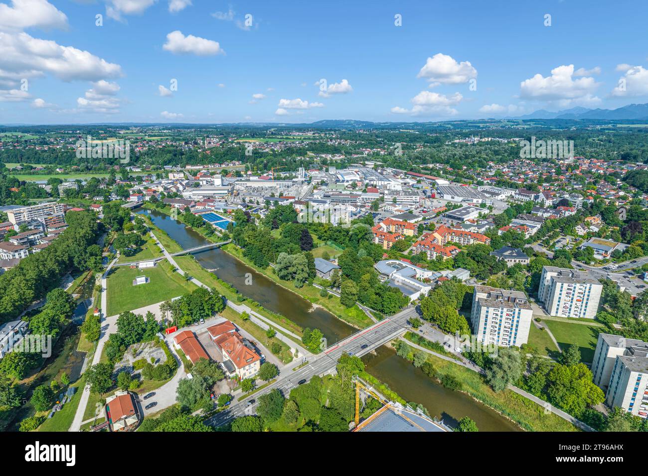 Aerial view to the city of Rosenheim in Upper Bavaria around the ice stadium Stock Photo