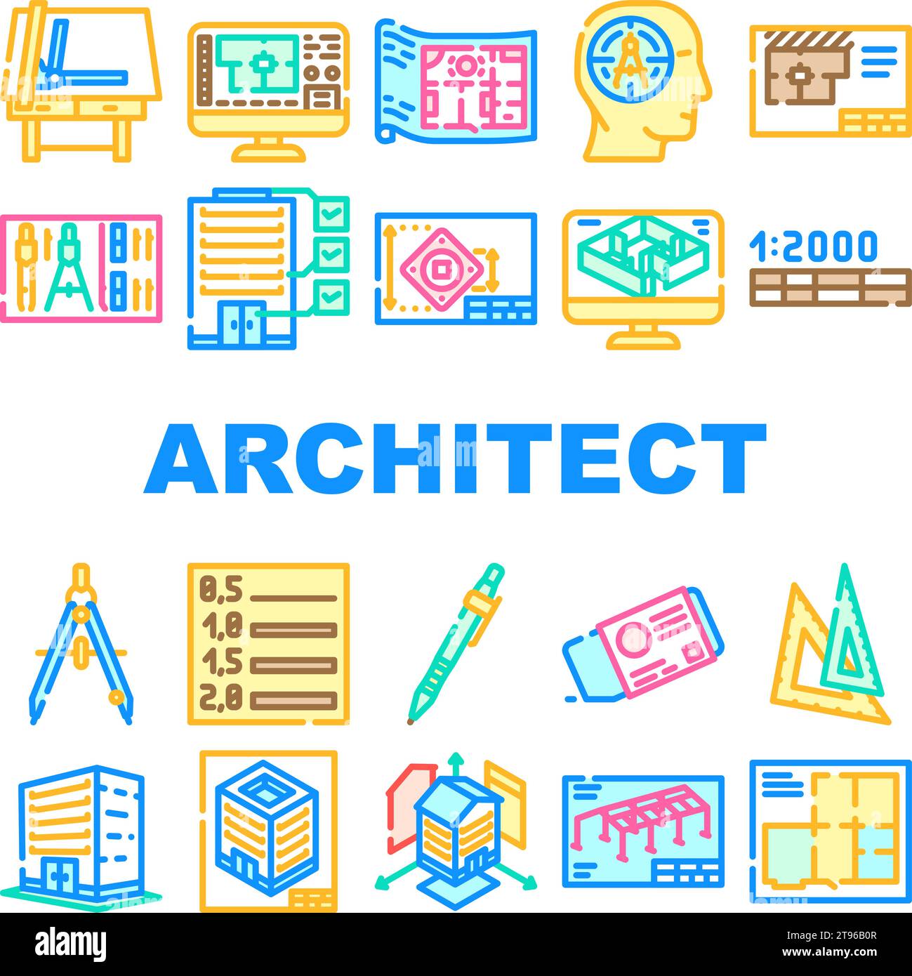 architectural drafter drawing icons set vector Stock Vector Image & Art
