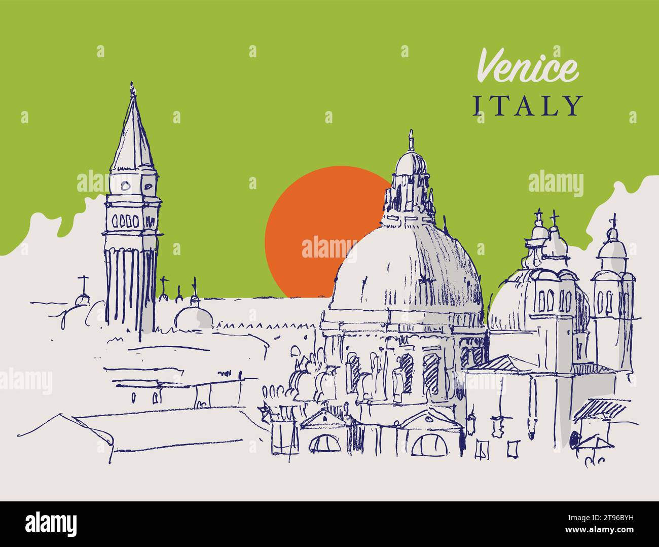 Vector hand drawn sketch illustration of the campanile of St. Mark and the domes of Santa Maria della Salute basilica in Venice, Italy. Stock Vector