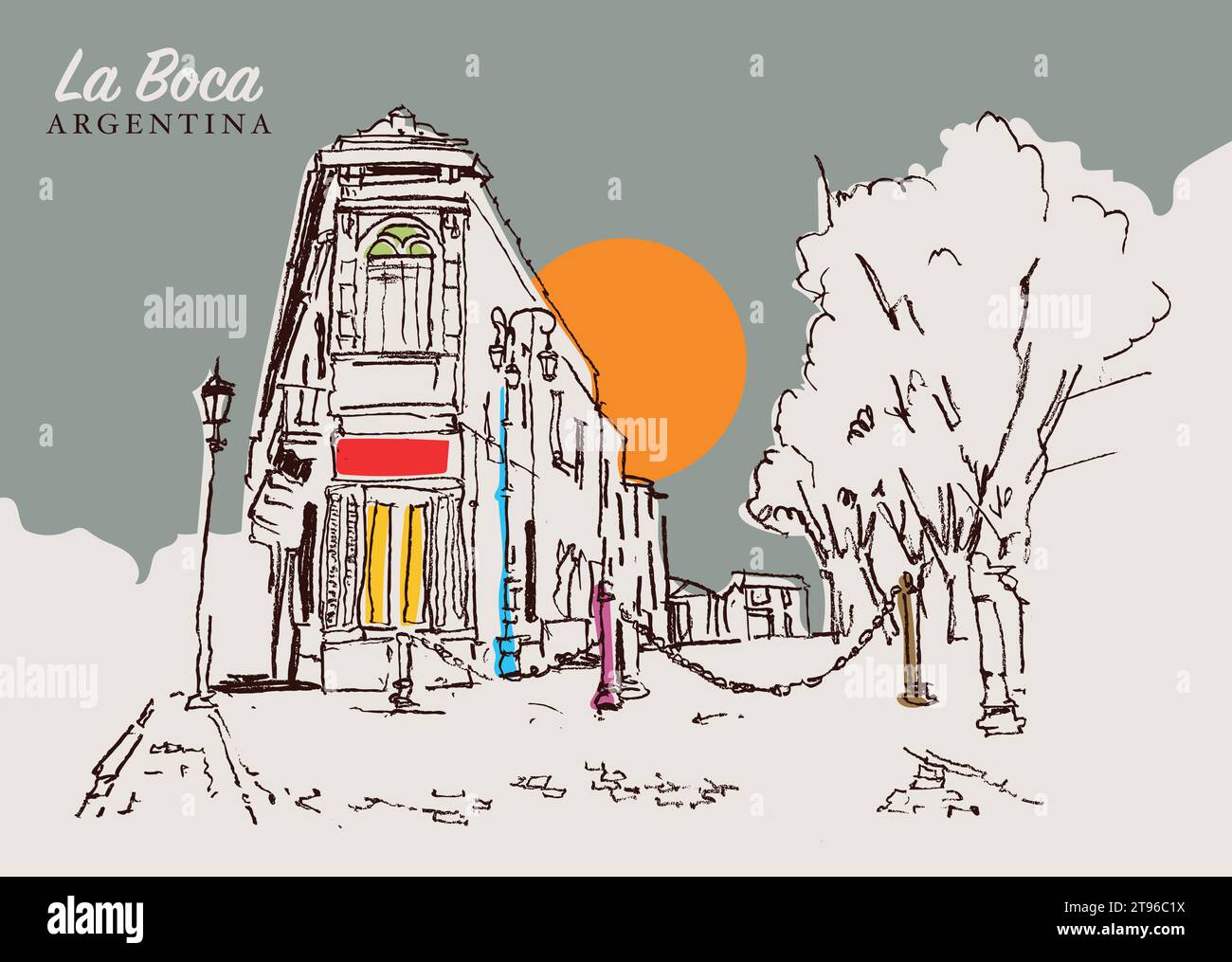 Vector hand drawn sketch illustration of a traditional street in La Boca, Argentina. Stock Vector