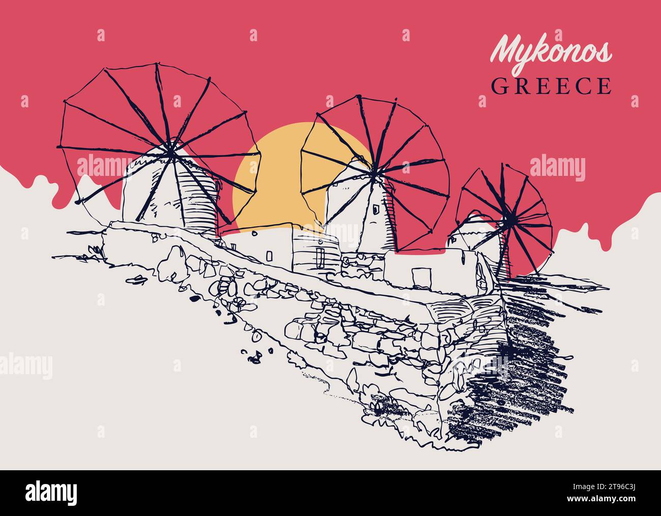 Vector hand drawn sketch illustration of the traditional Aegean windmills in the Greek island of Mykonos. Stock Vector