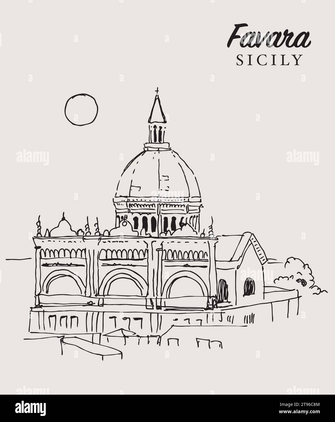 Vector hand drawn sketch illustration of the Church of Our Lady of Assumption in Favara, Sicily, Italy. Stock Vector