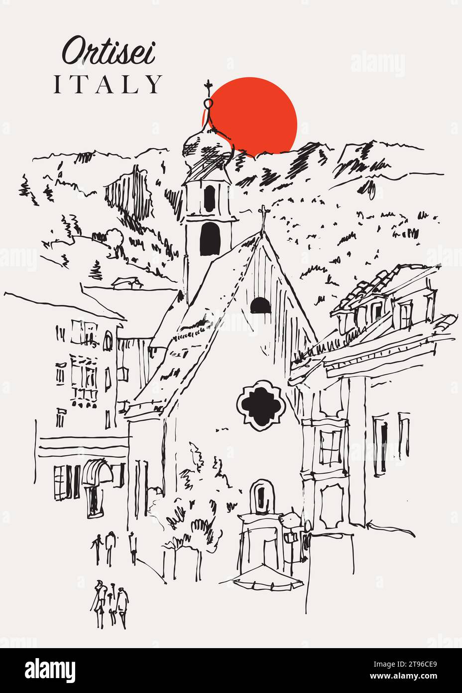 Vector hand drawn sketch illustration of Ortisei, Italy Stock Vector