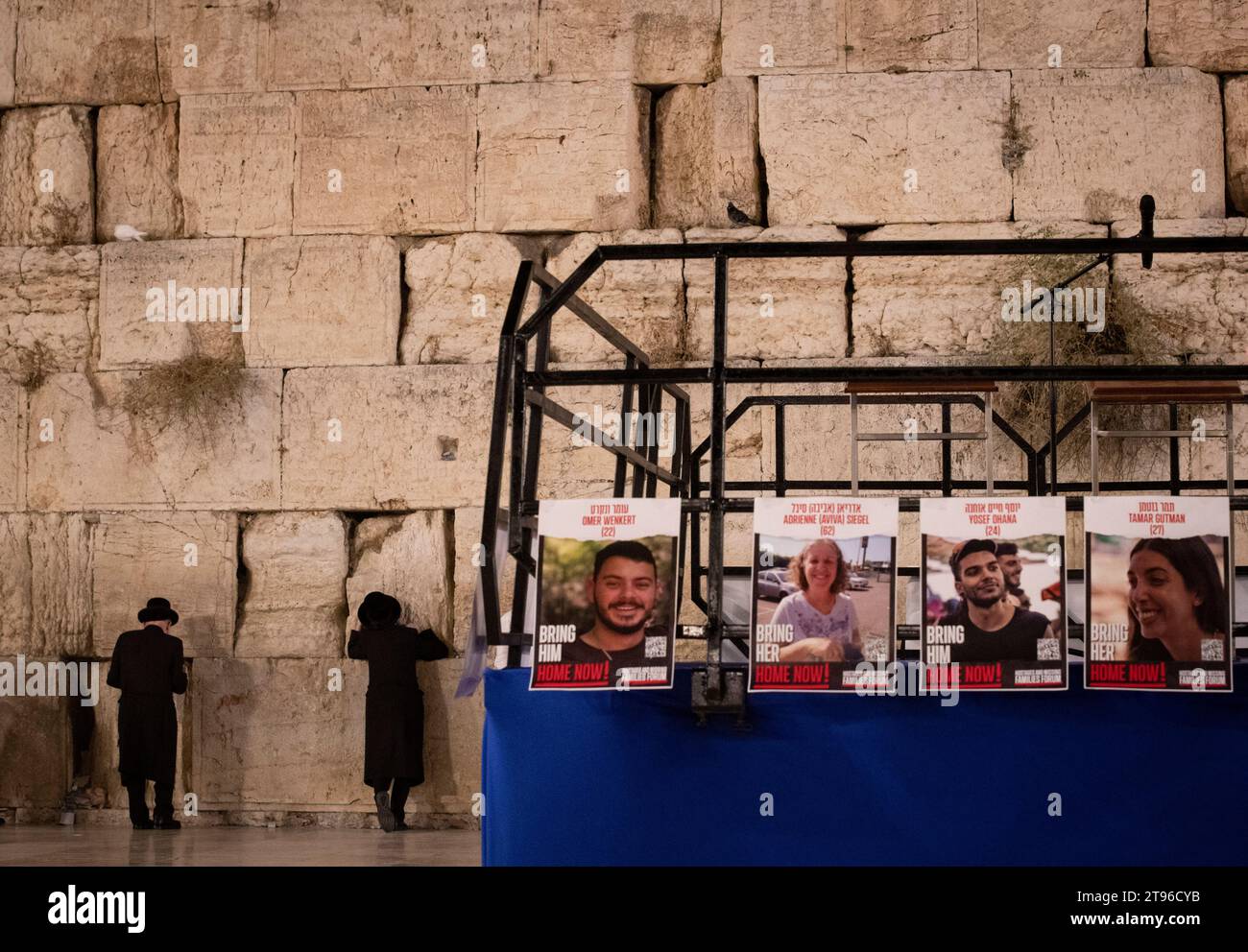 Jerusalem/Gaza. 23rd Nov, 2023. Posts of Israeli hostages held in the Gaza Strip are pictured at the Western Wall in the Old City of Jerusalem on Nov. 7, 2023. Credit: Chen Junqing/Xinhua/Alamy Live News Stock Photo