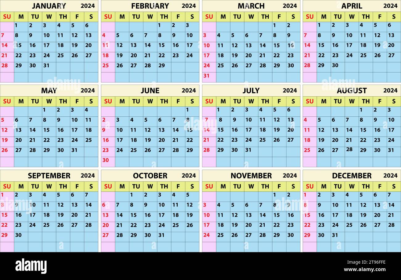 2024 calendar set. Color vector pocket calendar design. The week starts