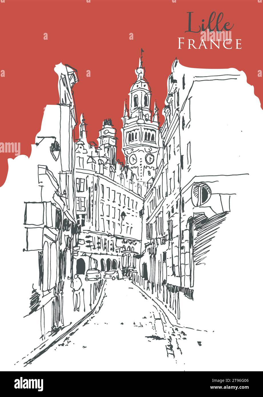 Vector hand drawn sketch illustration of Lille, with the tower of the Lille town hall, France Stock Vector