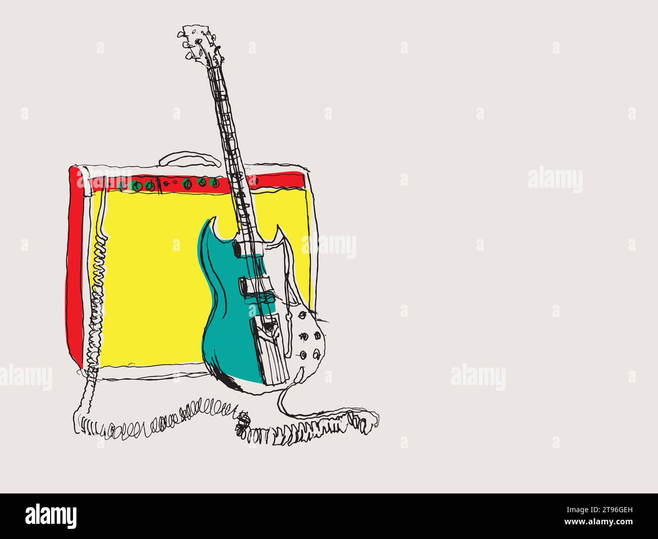 Vector freehand drawing illustration of an electric guitar and amplifier with a copy space for your text, scalable to all sizes Stock Vector