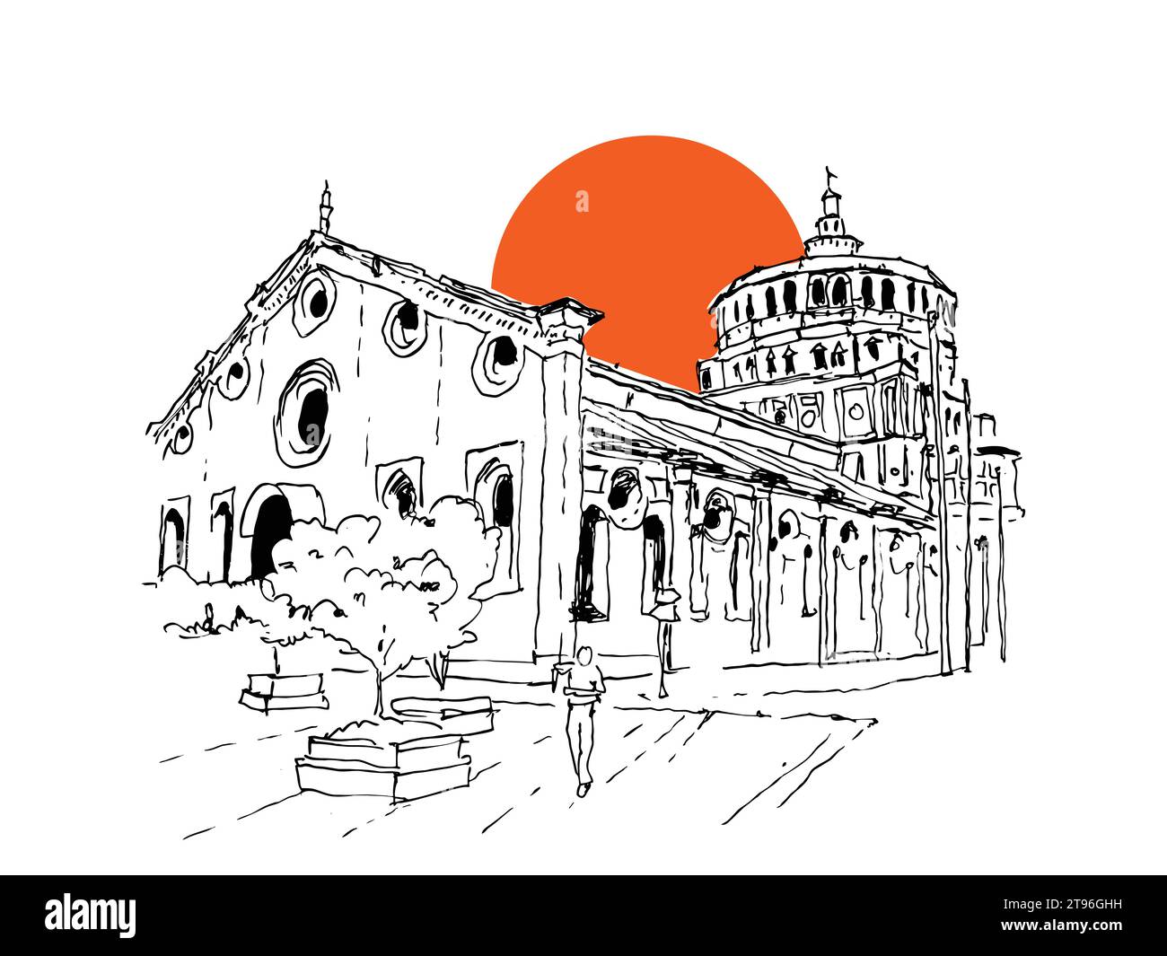 Vector hand drawn sketch illustration of Santa Maria delle Grazie, Holy Mary of Grace Church and Dominican convent in Milan, Italy Stock Vector