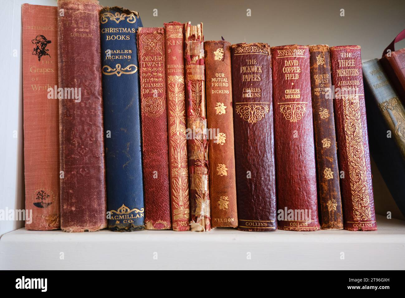 a book shelf with a collection of old books in various state of damage, classics of literature Stock Photo