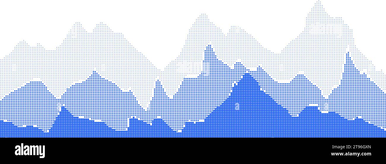 Blue halftone mountain landscape with dot pattern. Background with three rows of gradient rocks. Screentone vector illustration in pop art style Stock Vector
