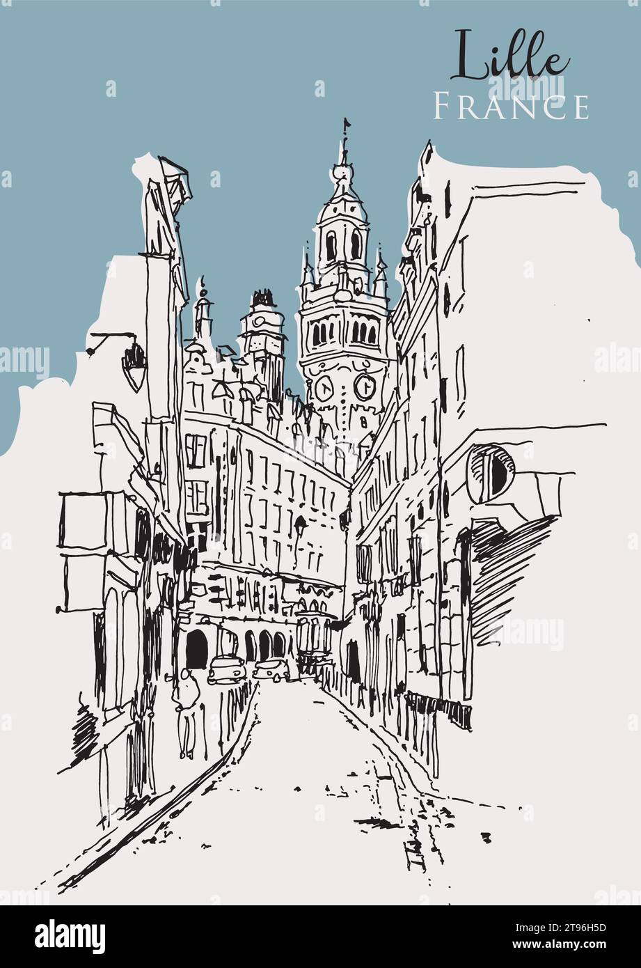 Vector hand drawn sketch illustration of Lille, with the tower of the Lille town hall, France Stock Vector