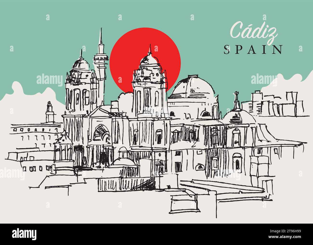 Vector hand drawn sketch illustration of Cadiz cityscape, Andalusia, Spain. Stock Vector