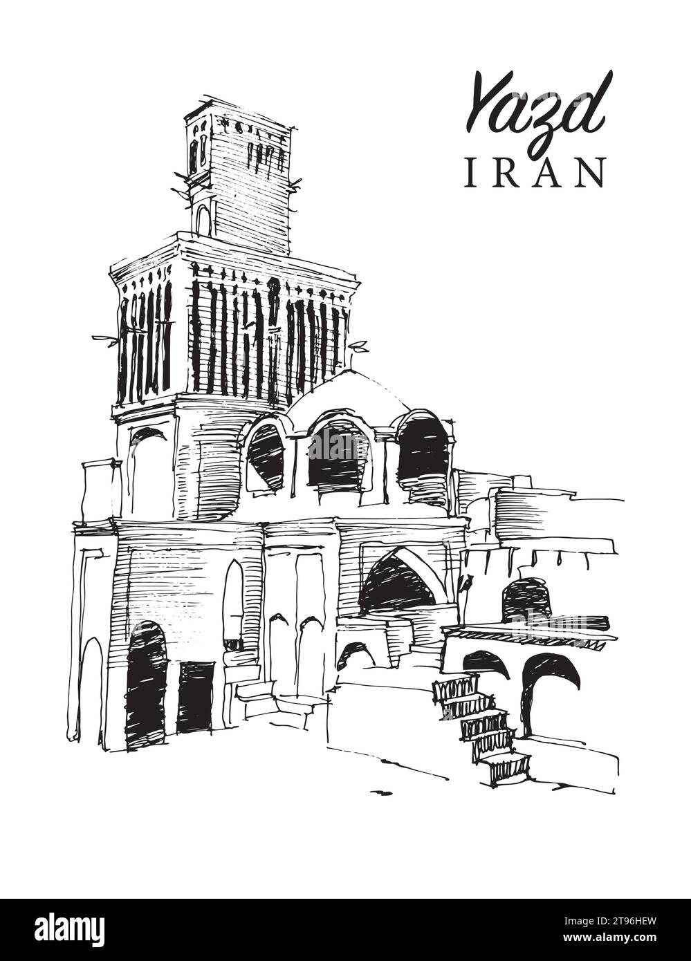 Vector hand drawn sketch illustration of Yazd city in Iran, famous for its windcatcher towers and unique architecture. Stock Vector