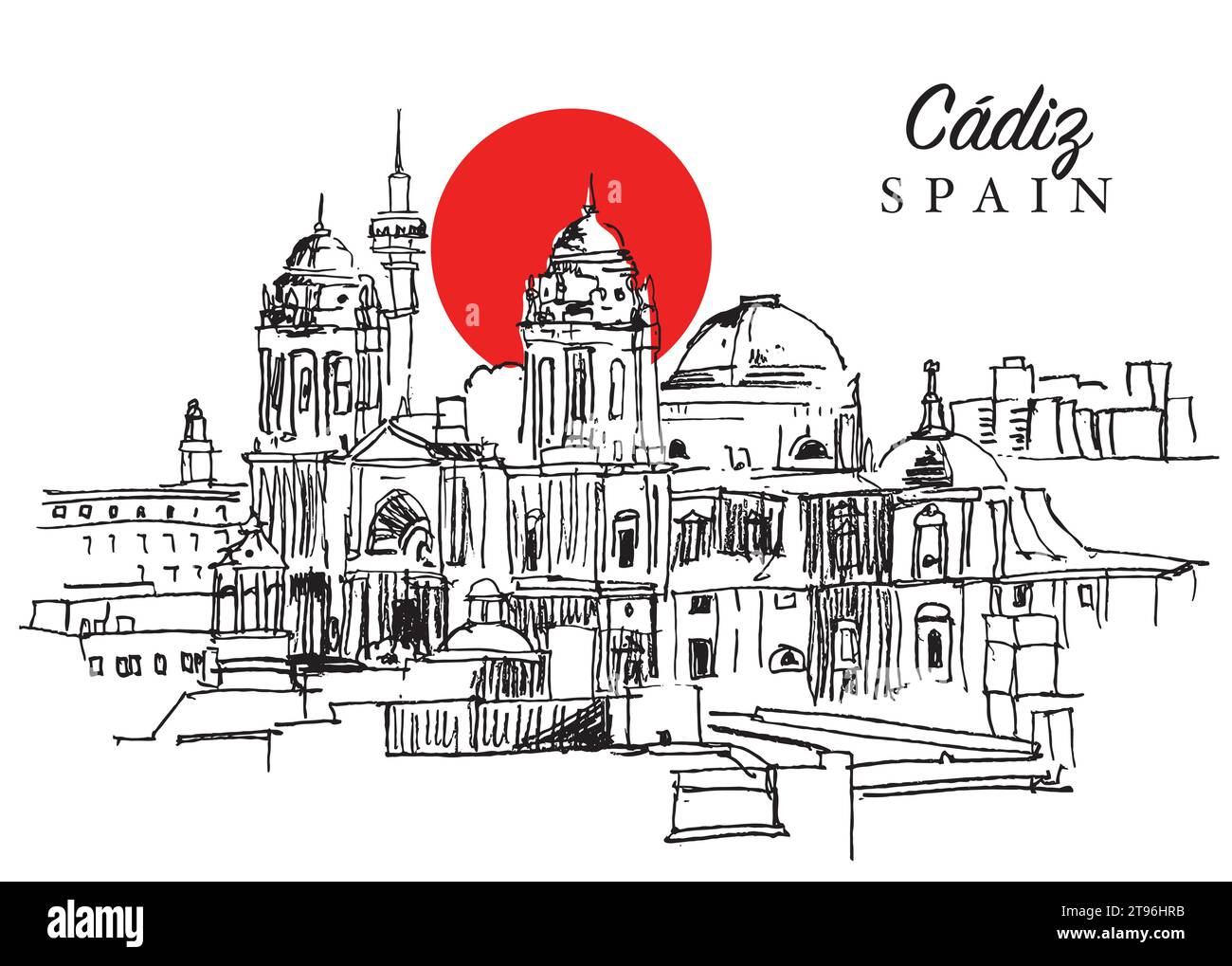 Vector hand drawn sketch illustration of Cadiz cityscape, Andalusia, Spain. Stock Vector